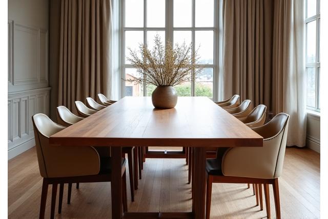 Op maat gemaakte houten tafel met stoelen in een moderne eetkamer